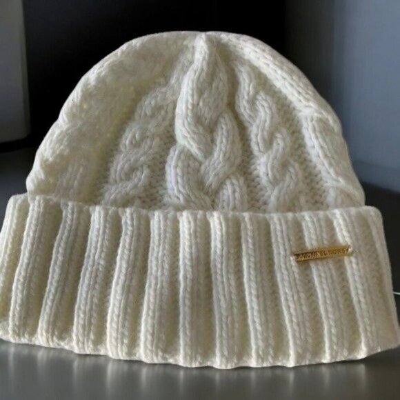 Michael Kors Womens Cable Knit Beanie Hat Winter Cream Acrylic Blend - Picture 5 of 5